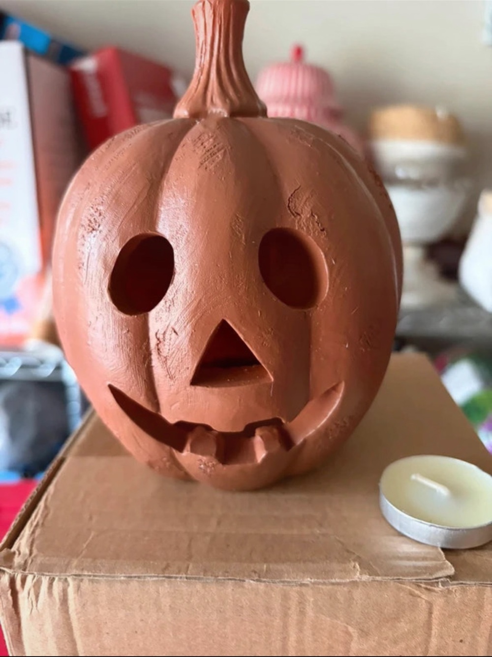 Two Rust Orange Ceramic Jack-O'-Lantern Candle Holder
